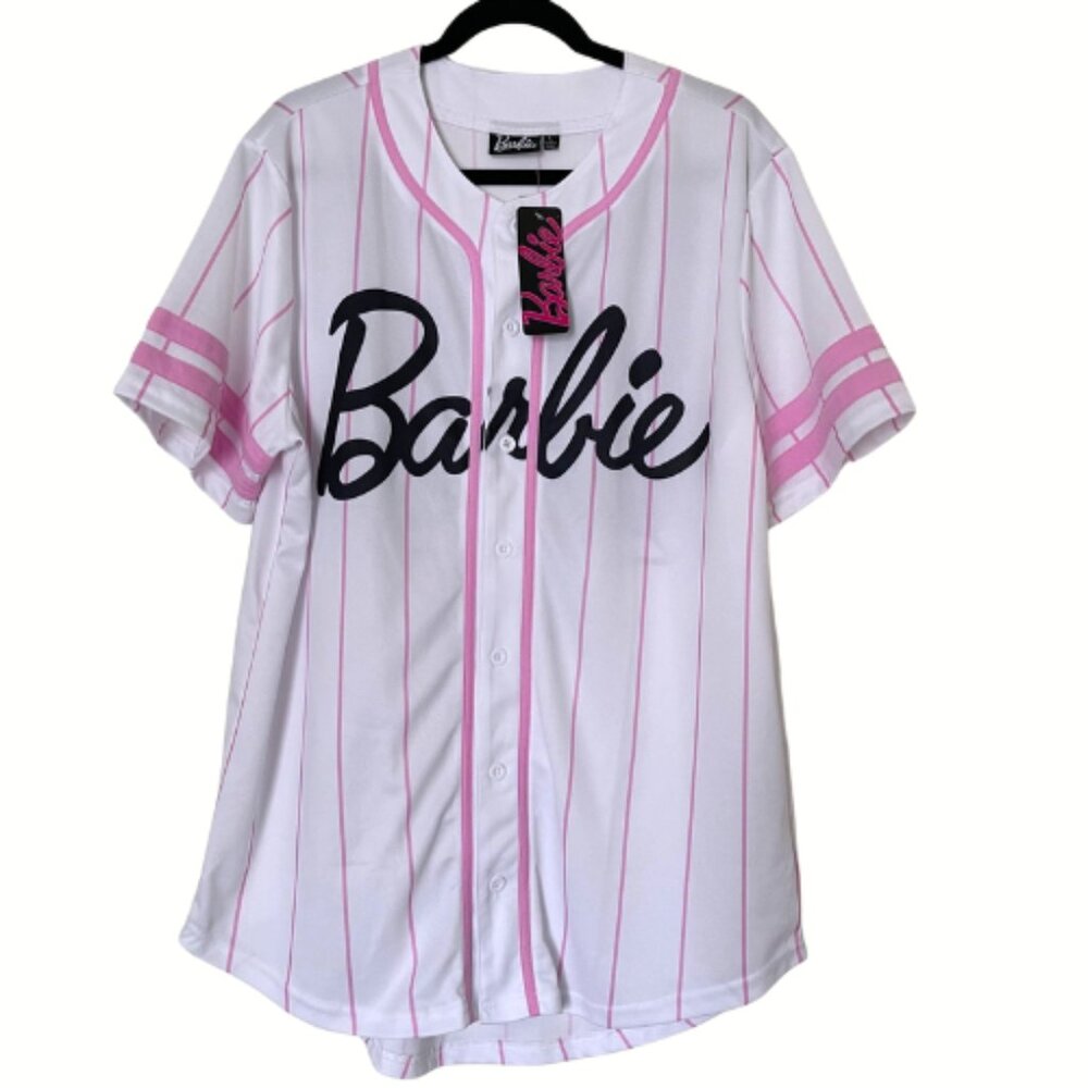 NWT Barbie Baseball Jersey Shirt White Pink Striped Button-Up Women’s Size L